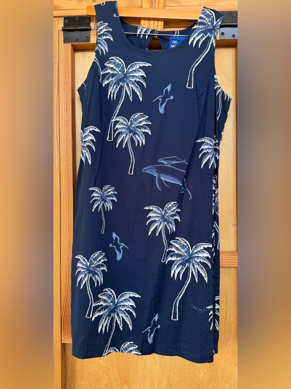 Vintage Wyland Blue Palm Tree Whale Print Sleeveless Shift Dress